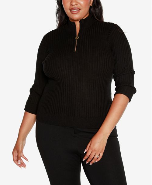 Belldini Black Label Plus Size Ribbed Quarter-Zip Sweater - Black
