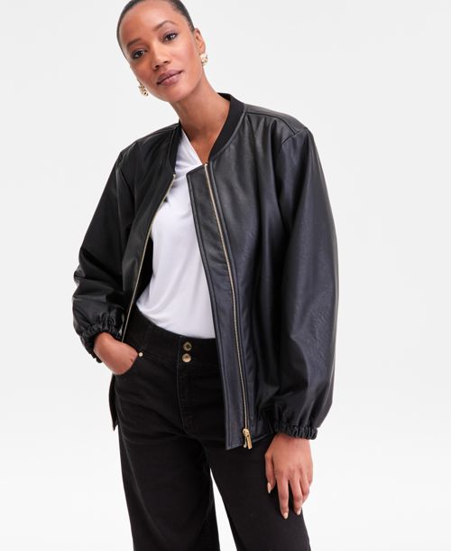 I.n.c. International Concepts Women's Faux-Leather Bomber Jacket, Macy's Exclusive - Deep Black