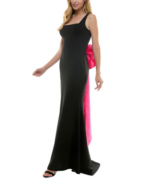 City Studios Juniors' Square-Neck Sleeveless Bow-Drape Gown - Black/fusc