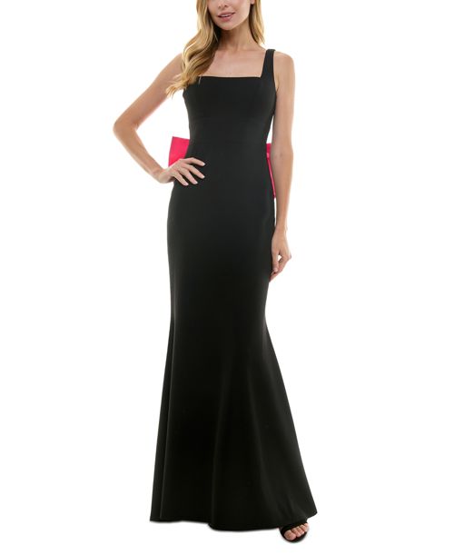 City Studios Juniors' Square-Neck Sleeveless Bow-Drape Gown - Black/fusc