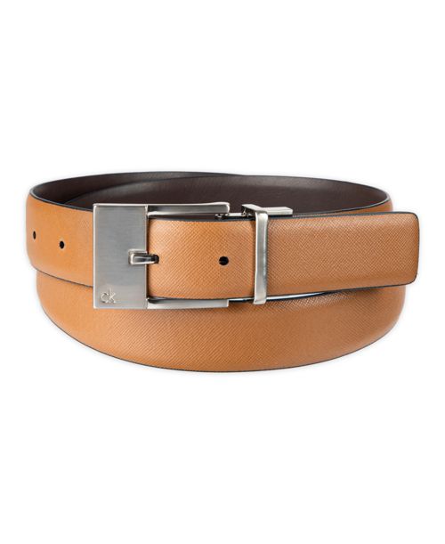 Calvin Klein Men's Elongated 2-In-1 Reversible Buckle Leather Dress Belt - Dark brown, Tan
