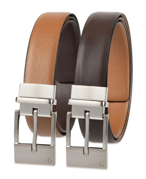 Calvin Klein Men's Elongated 2-In-1 Reversible Buckle Leather Dress Belt - Dark brown, Tan