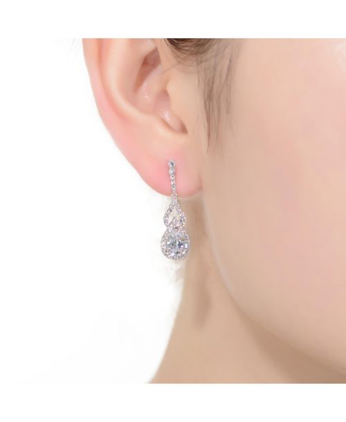 Sterling Silver with Rhodium Plated Clear Pear and Round Cubic Zirconia Halo with Open Pear Drop Earrings - Clear