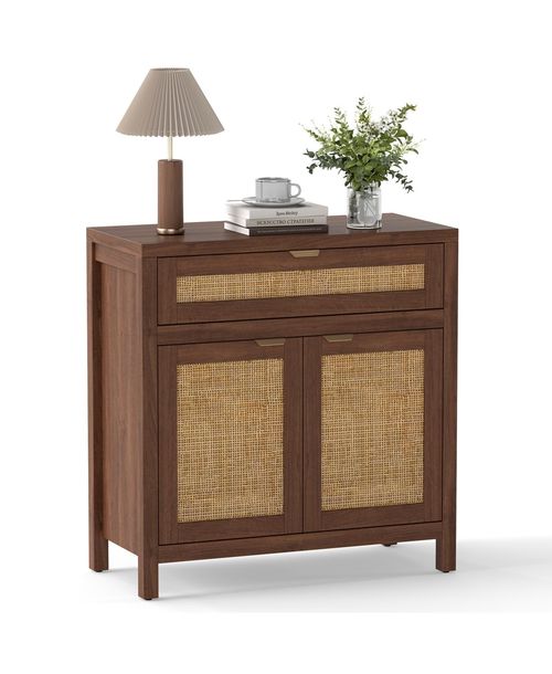 Gouun Sideboard Storage Cabinet with Rattan Doors and Drawer, 31 x 14.5 x 32 in - Brown