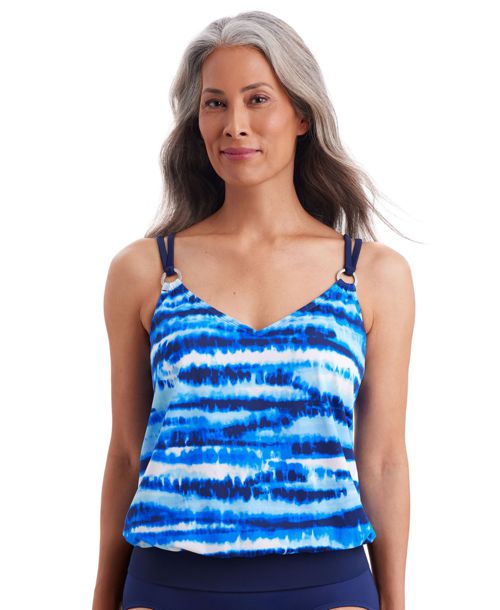 ShapeSolver by Mimi Flamingo Women's Tiger Sunrise V Neck Blouson Ring Tankini Swimsuit Top - Tiger sunrise