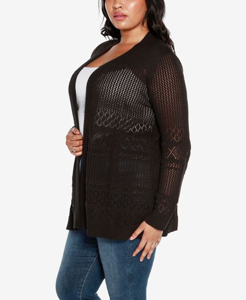 Belldini Plus Size Pointelle Open Cardigan Sweater - Black