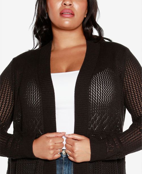 Belldini Plus Size Pointelle Open Cardigan Sweater - Black