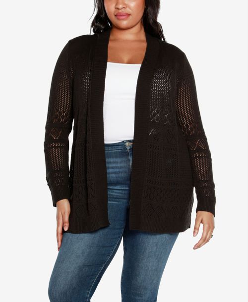 Belldini Plus Size Pointelle Open Cardigan Sweater - Black