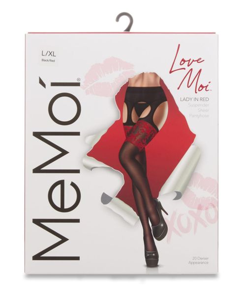 MeMoi Women's Lady In Red Suspender 20 Denier Sheer Pantyhose LOV405 - Multi
