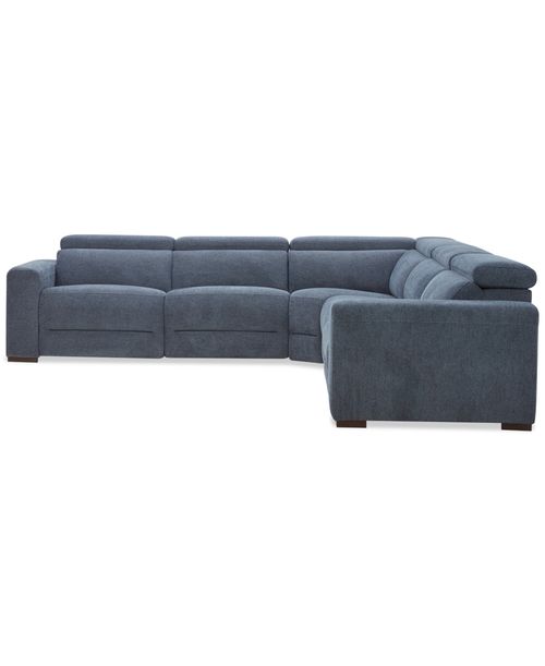 Nevio 5-Pc. Fabric Power Headrest Sectional with 3 Power Motion Chairs - Midnight