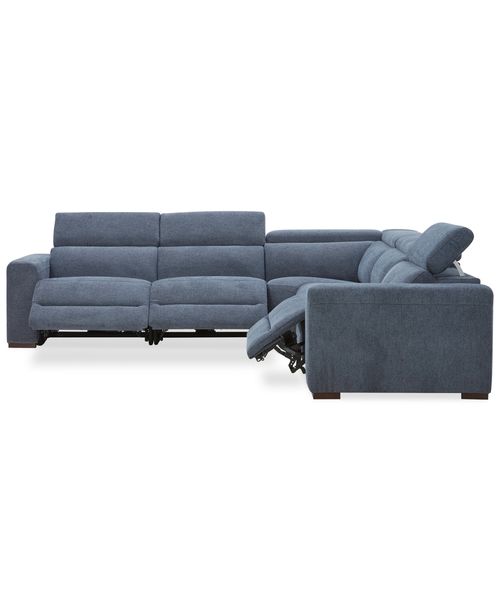 Nevio 5-Pc. Fabric Power Headrest Sectional with 3 Power Motion Chairs - Midnight