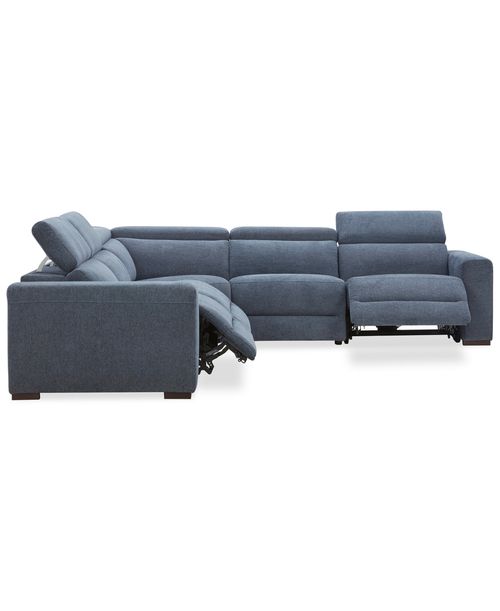 Nevio 5-Pc. Fabric Power Headrest Sectional with 3 Power Motion Chairs - Midnight