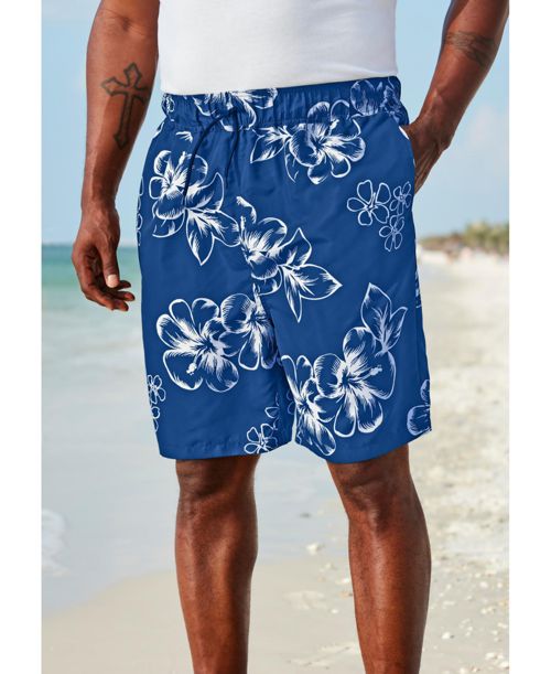 KingSize Big & Tall Hibiscus Print 8" Swim Trunks - Black hibiscus