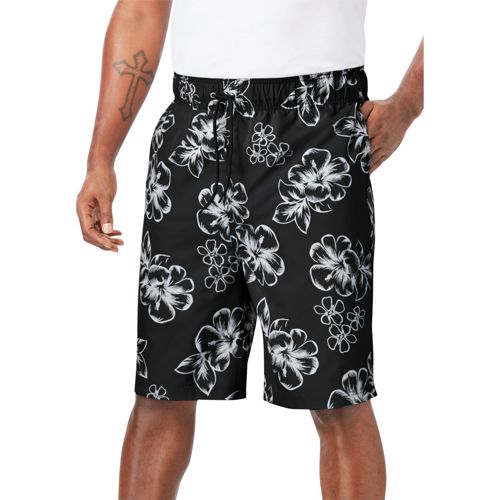 KingSize Big & Tall Hibiscus Print 8" Swim Trunks - Black hibiscus