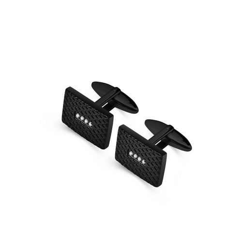 Stainless Steel Rectangle Checkered Design w/ Cz Cuff Links - Black Plated - Black