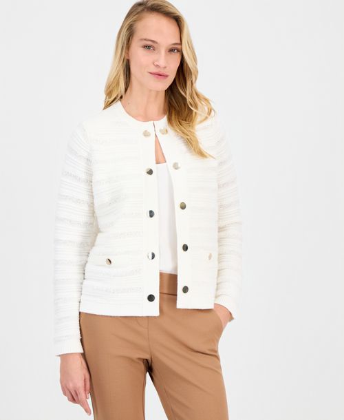 Anne Klein Women's Collarless Textured Cardigan - White Dove