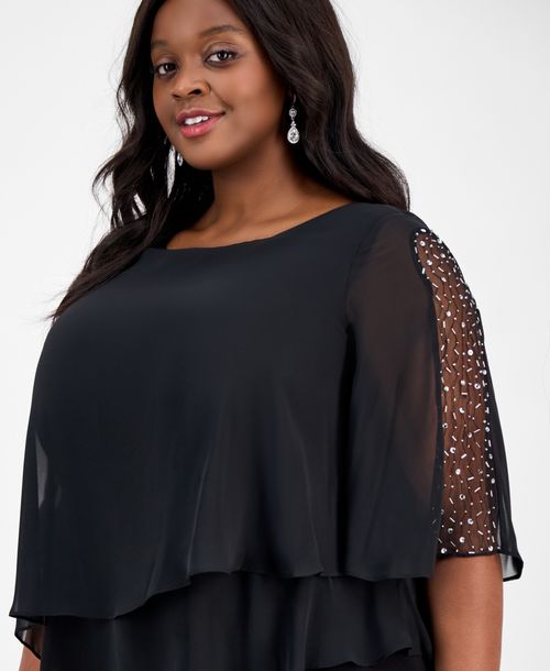 Sl Fashions Plus Size Tier-Cape Embellished Jumpsuit - Black