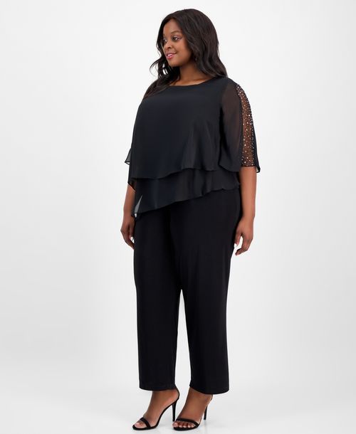 Sl Fashions Plus Size Tier-Cape Embellished Jumpsuit - Black