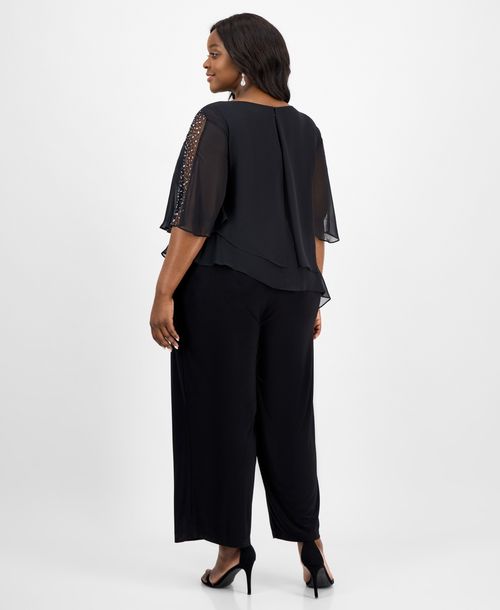 Sl Fashions Plus Size Tier-Cape Embellished Jumpsuit - Black