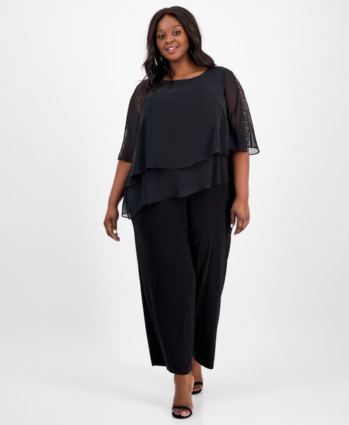 Sl Fashions Plus Size Tier-Cape Embellished Jumpsuit - Black