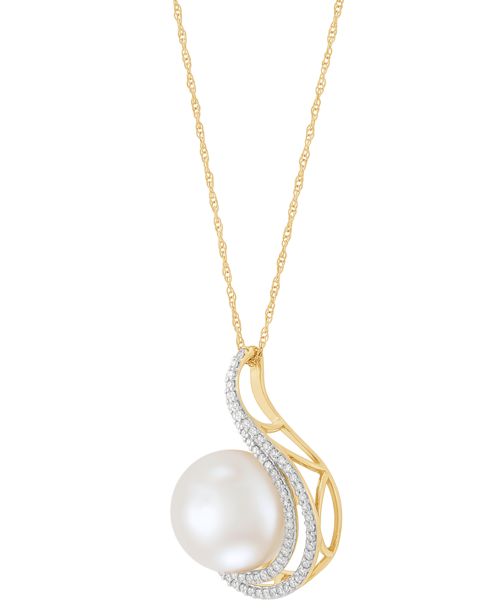 Honora Ming Pearl (11mm) & Diamond (1/4 ct. t.w.) Swirl 18" Pendant Necklace in 14k Gold - 14K Yellow Gold
