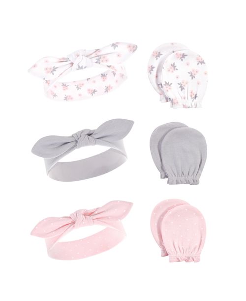 Hudson Baby Baby Girls Hudson Cotton Headband and Scratch Mitten Set - Pink Gray Floral