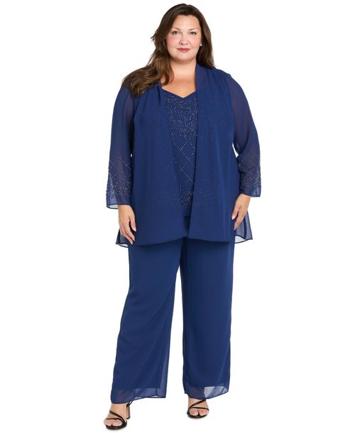 R & M Richards Plus Size Open Front Jacket, Camisole & Pants, 3-Piece Set - Twilight