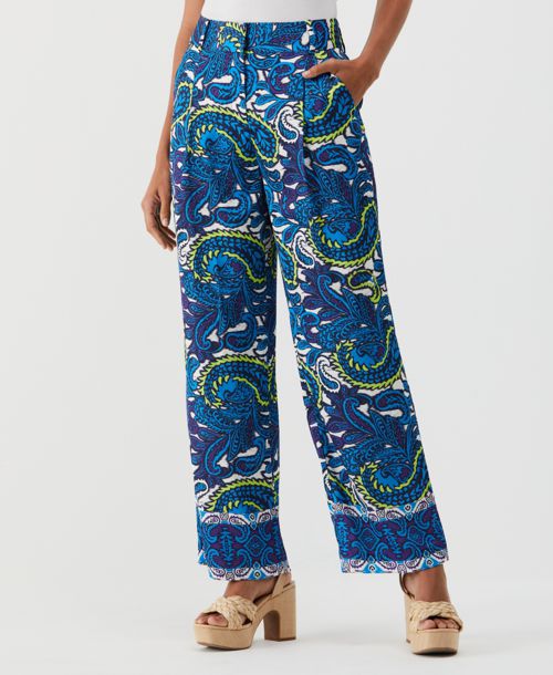 Ella Rafaella Petite Paisley Print High Rise Wide Leg Pants - Malibu Blue