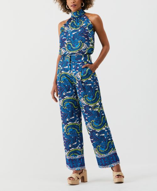 Ella Rafaella Petite Paisley Print High Rise Wide Leg Pants - Malibu Blue