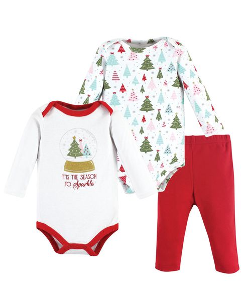 Hudson Baby Baby Girls Hudson Cotton Bodysuit and Pant Set - Red sparkle trees