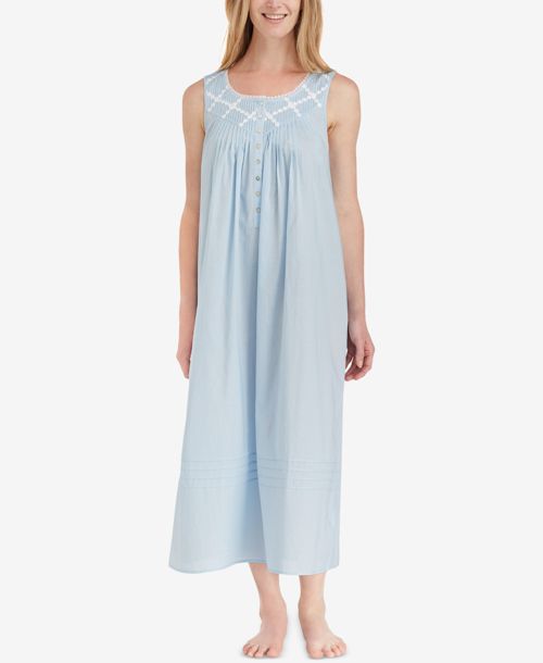 Eileen West Lace-Trimmed Cotton Ballet-Length Nightgown - Blue