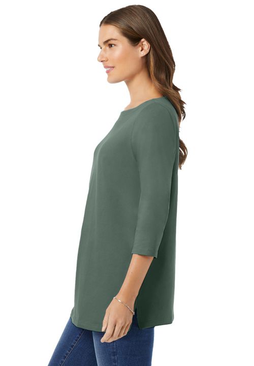 Woman Within Women's Within Perfect Three-Quarter Sleeve Boatneck Tee - Pine