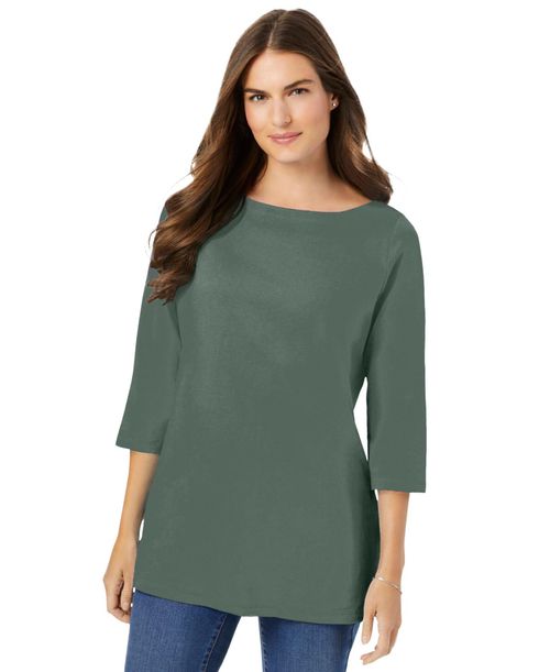 Woman Within Women's Within Perfect Three-Quarter Sleeve Boatneck Tee - Pine