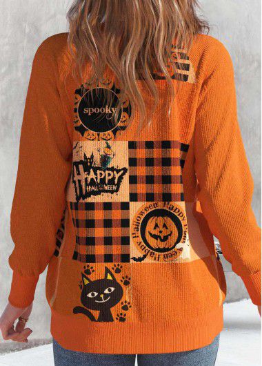 Modlily Orange Button Halloween Print Long Sleeve Coat - L