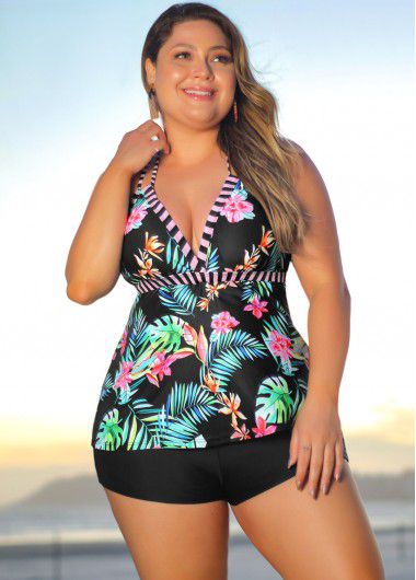 Modlily Tropical Print Tie Back Plus Size Tankini Top - 3X