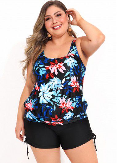 Modlily Wide Strap Plus Size Floral Print Tankini Top - 3X