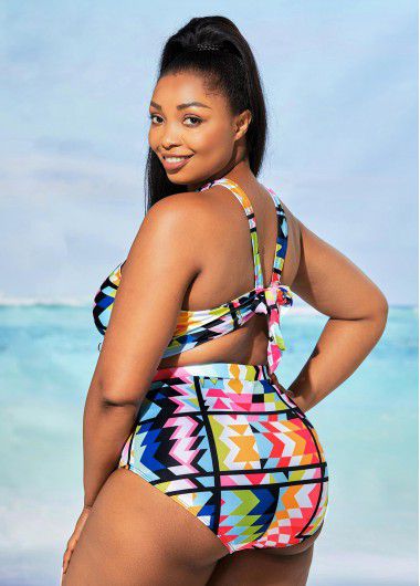 Modlily Plus Size High Waisted Geometric Print Bikini Set - 3XL