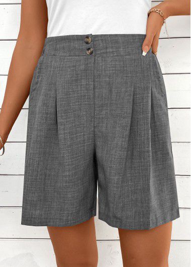 Modlily Dark Grey Marl Button Straight Leg High Waisted Shorts - L