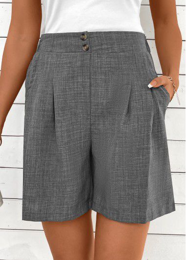 Modlily Dark Grey Marl Button Straight Leg High Waisted Shorts - L