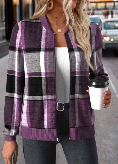 Modlily Purple Zipper Plaid Long Sleeve Stand Collar Jacket - M