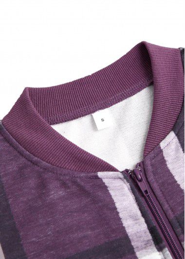 Modlily Purple Zipper Plaid Long Sleeve Stand Collar Jacket - M