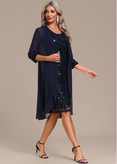 Modlily Navy Lace Sequin Shift Dress and Cardigan - M