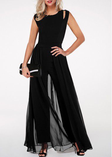 Modlily Black Jumpsuit With High Waist Chiffon Cutout Sleeveless Crew Neck Overlay Black Jumpsuit - S