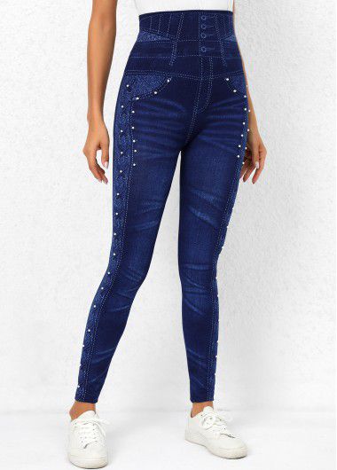 Modlily Denim Blue High Waisted Beaded Leggings - 3XL