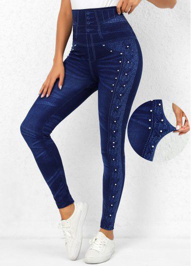 Modlily Denim Blue High Waisted Beaded Leggings - 3XL