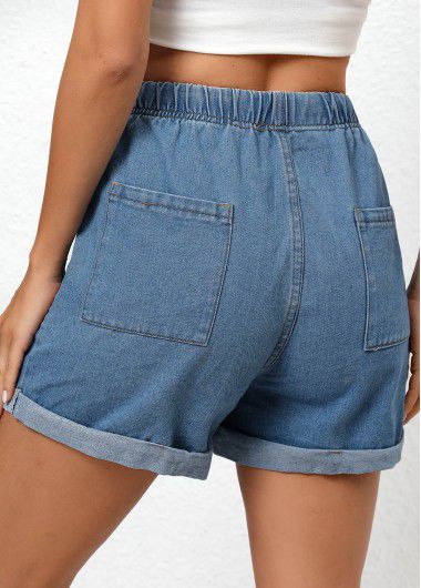 Modlily Denim Blue Double Side Pockets Regular Elastic Waist Shorts - XL