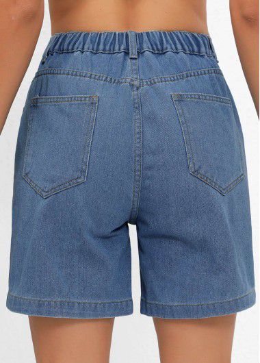 Modlily Denim Blue Double Side Pockets Button Fly Shorts - L