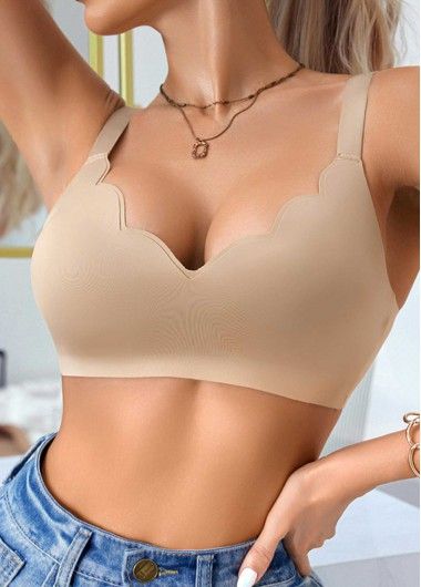 Modlily Sexy Babydoll Lingerie Chemises Skin Color Seamless V Neck Bra - L