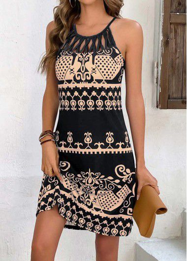 Modlily Black Cage Neck Tribal Print Dress - M