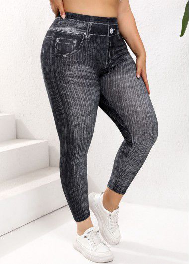 Modlily Black Plus Size Denim-effect Print Skinny Elastic Waist Leggings - XL